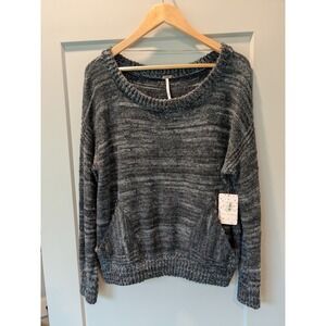 NWT Free People Blue Grey Marled Knit Pullover‎ Sweater Pockets Medium NWT